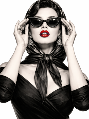 vintage inspired glam portrait painting black white feminine figure red lips sophisticated canvas art luxury wall decor