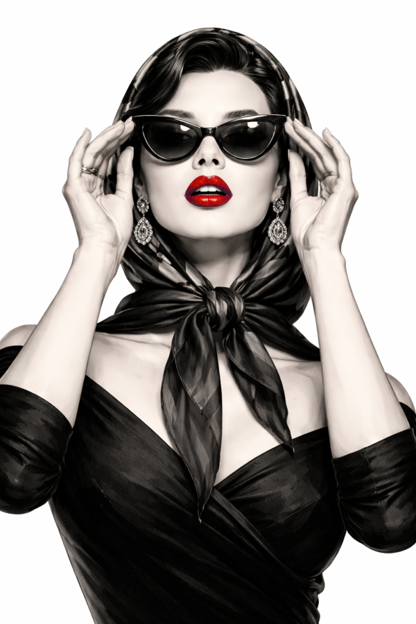 vintage inspired glam portrait painting black white feminine figure red lips sophisticated canvas art luxury wall decor