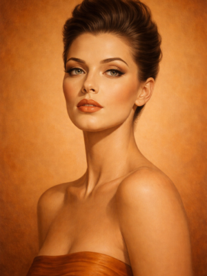 Custom feminine portrait oil on canvas with warm neutral tones and elegant modern style, luxury commissioned artwork