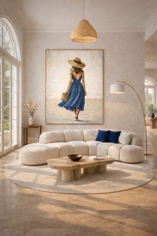 Large Blue Dress Summer Woman Painting – Elegant Coastal Canvas for Modern Luxury Interiors - 48"