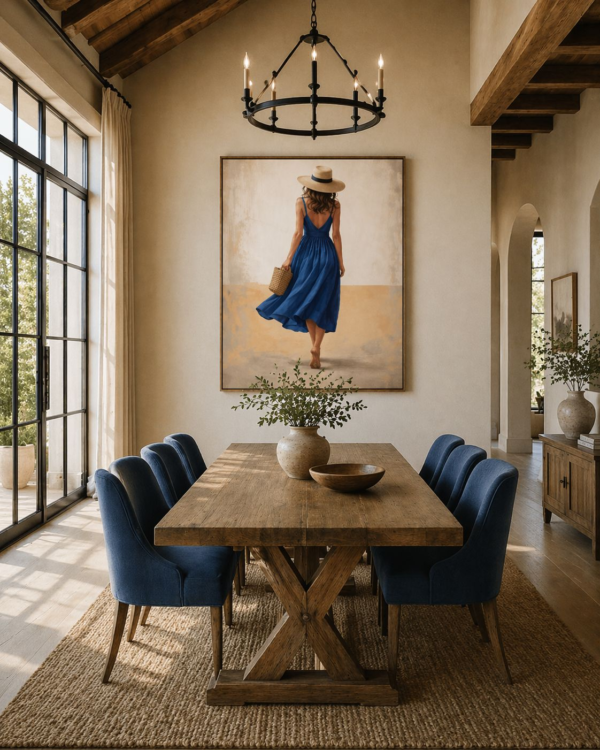 Large Blue Dress Summer Woman Painting – Elegant Coastal Canvas for Modern Luxury Interiors - 48"