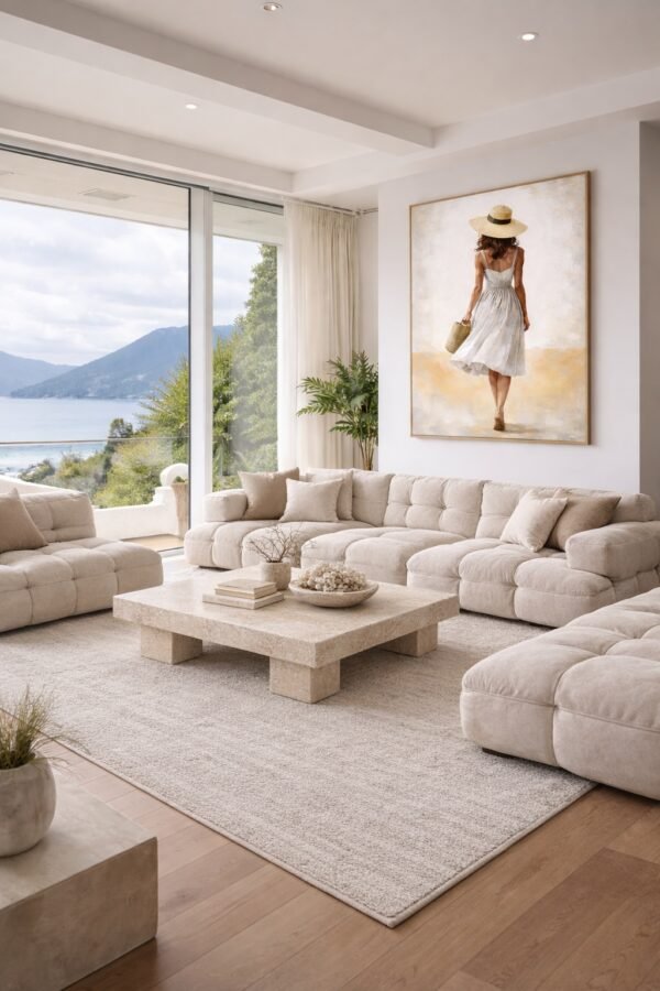 Large Neutral Summer Woman Painting – Elegant White Dress Canvas for Modern Coastal Interiors - 48"