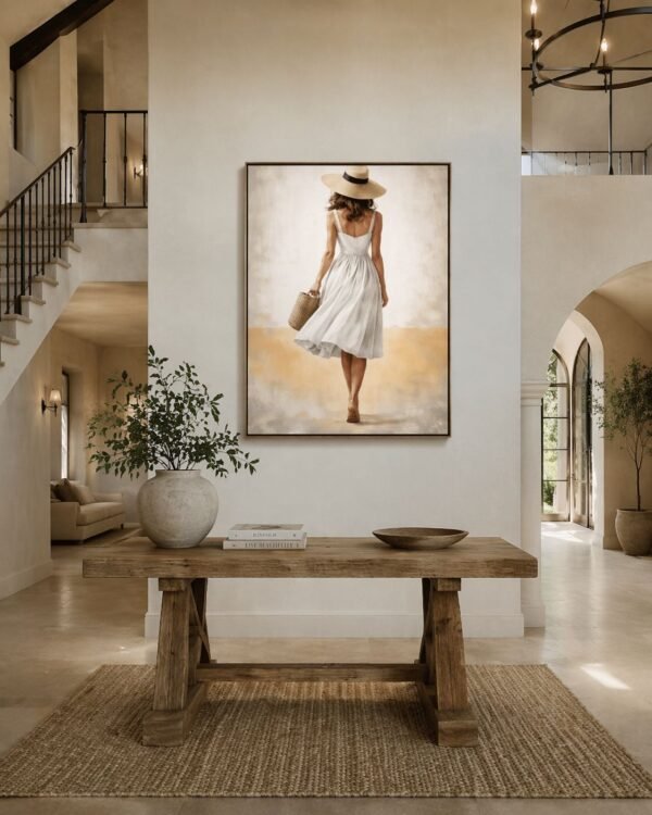 Large Neutral Summer Woman Painting – Elegant White Dress Canvas for Modern Coastal Interiors - 48"
