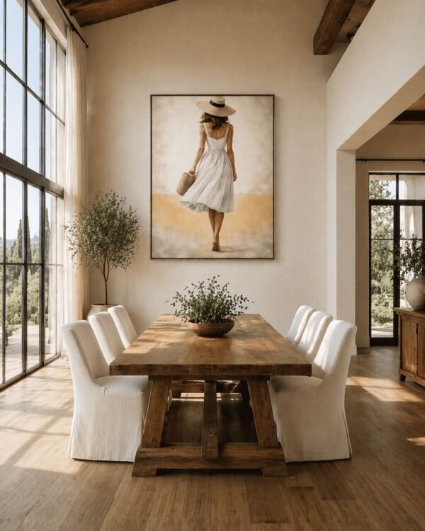 Large Neutral Summer Woman Painting – Elegant White Dress Canvas for Modern Coastal Interiors - 48"