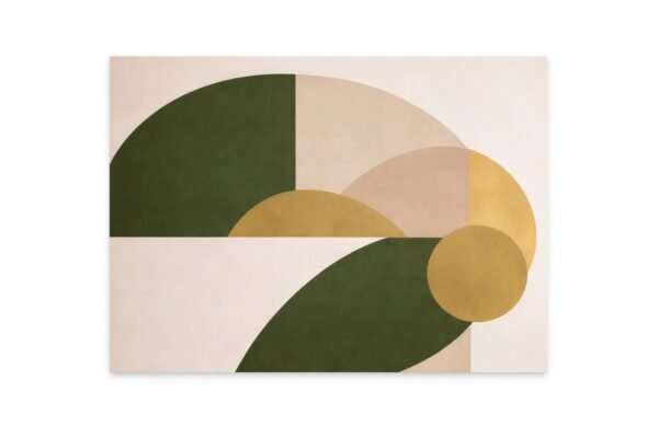 Olive green beige geometric abstract painting with subtle gold accents on neutral background, modern wall art for contemporary interiors.
