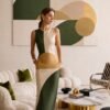 Olive Green Beige Geometric Abstract Painting – Neutral Wall Art with Gold Accent for Modern Interiors - 48"