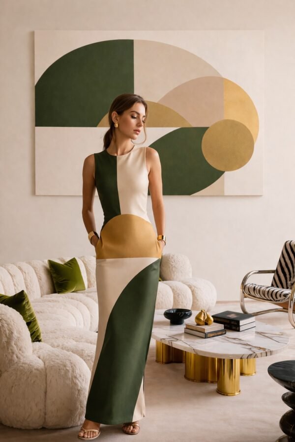 Olive Green Beige Geometric Abstract Painting – Neutral Wall Art with Gold Accent for Modern Interiors - 48"