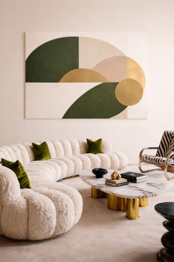 Olive Green Beige Geometric Abstract Painting – Neutral Wall Art with Gold Accent for Modern Interiors - 48"