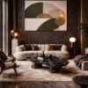 Olive Green Beige Geometric Abstract Painting – Neutral Wall Art with Gold Accent for Modern Interiors - 48"