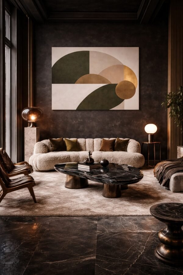 Olive Green Beige Geometric Abstract Painting – Neutral Wall Art with Gold Accent for Modern Interiors - 48"